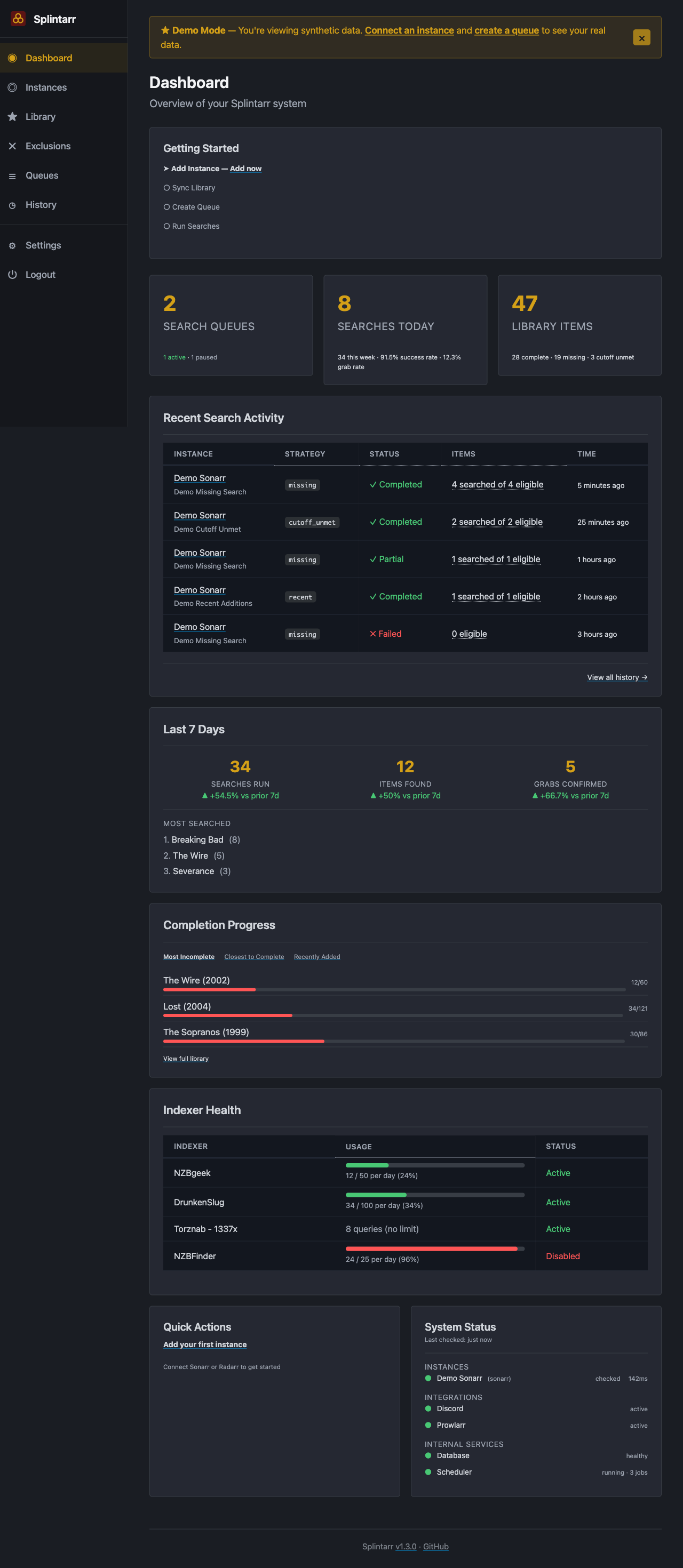 Splintarr Dashboard showing search queues, analytics, completion progress, and indexer health