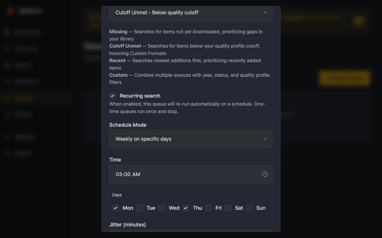 Weekly scheduling with day selection and jitter