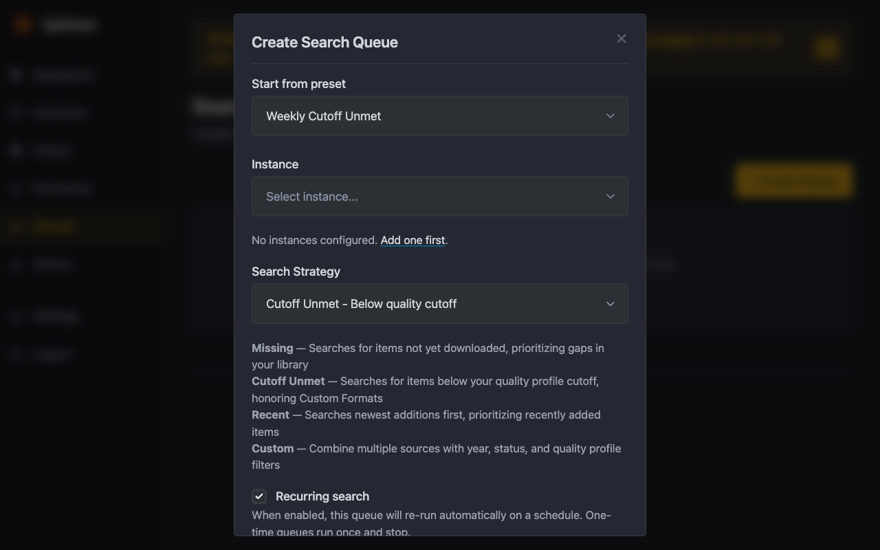 Create search queue with strategy selection and scheduling